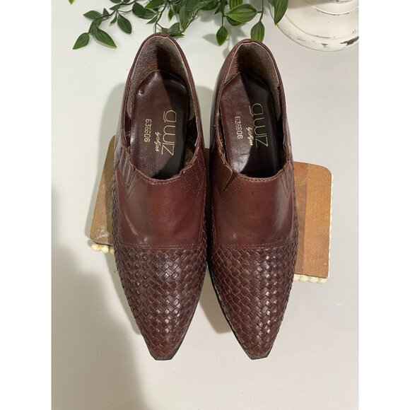 Vintage Brown Leather Slip-On Loafers With Woven Detail & Low Heel Size 7M - Picture 5 of 15